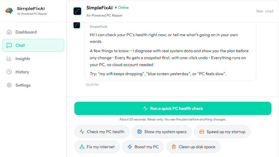 SimpleFixAI chat greeting with a health-check button and a box to describe the problem in plain English.