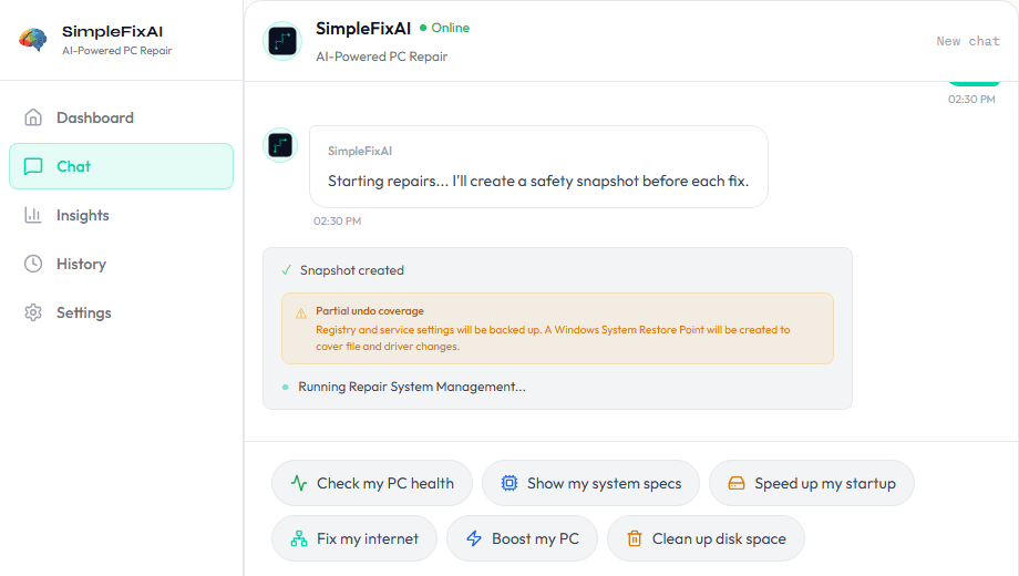 The chat showing a safety snapshot created, with a partial undo coverage note, as the repair begins.