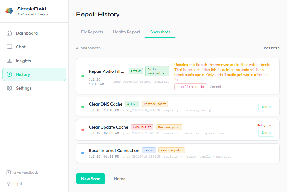 The repair history with snapshots, undo buttons, and honest cautions about when undoing could make things worse.