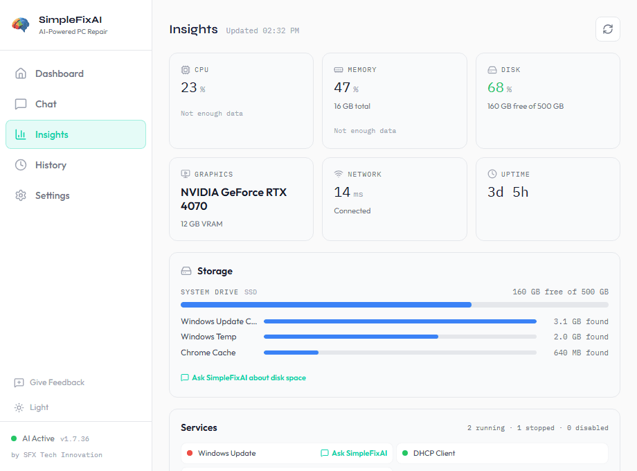 The Insights screen showing CPU, memory, disk, graphics, network, uptime, and a storage breakdown.